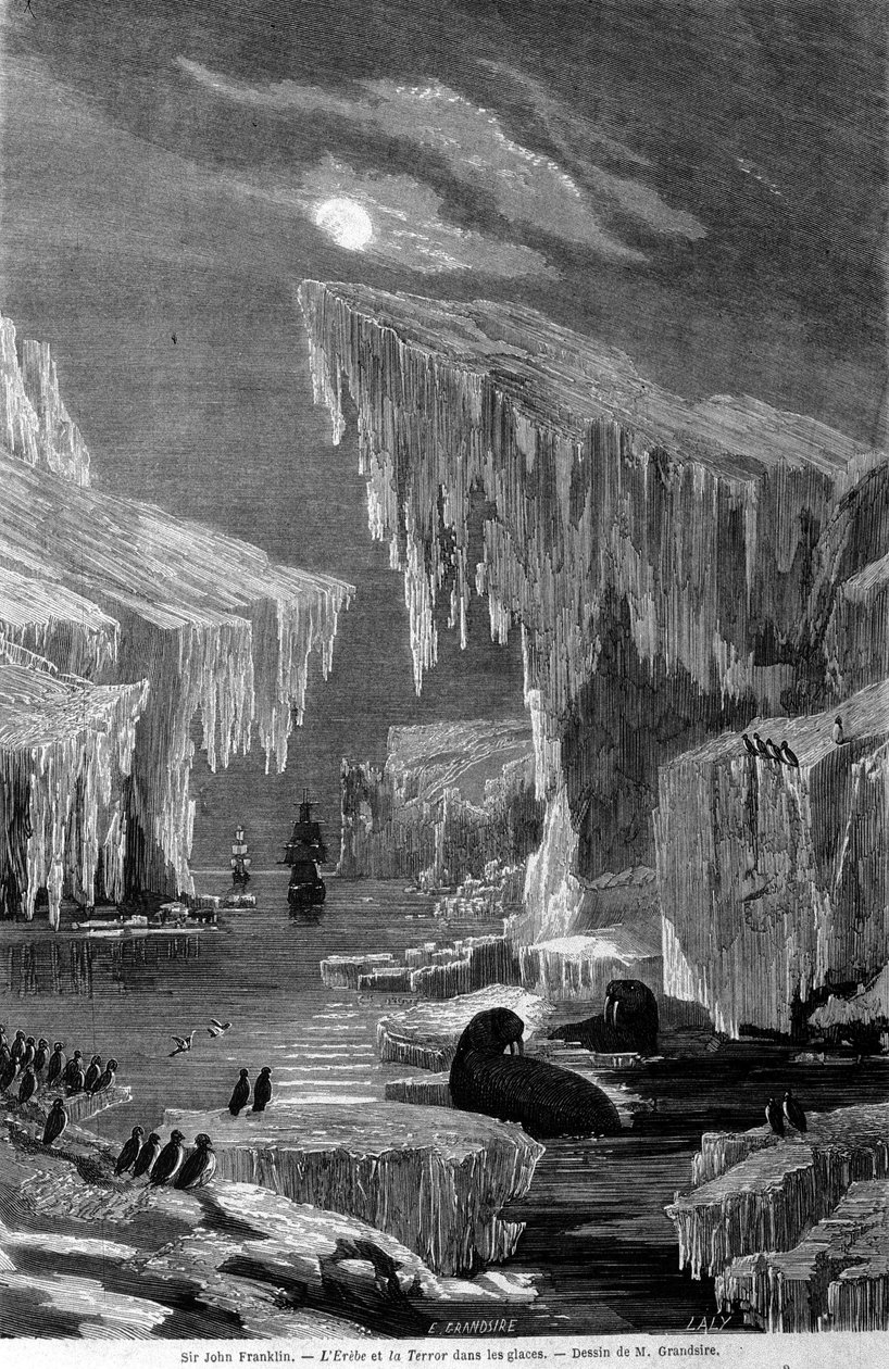 Skipene "Erebus" og "Terror" under ekspedisjonen ledet av Sir John Franklin (1786-1847), inn i isen. Gravering av 1800-tallet av Unknown artist
