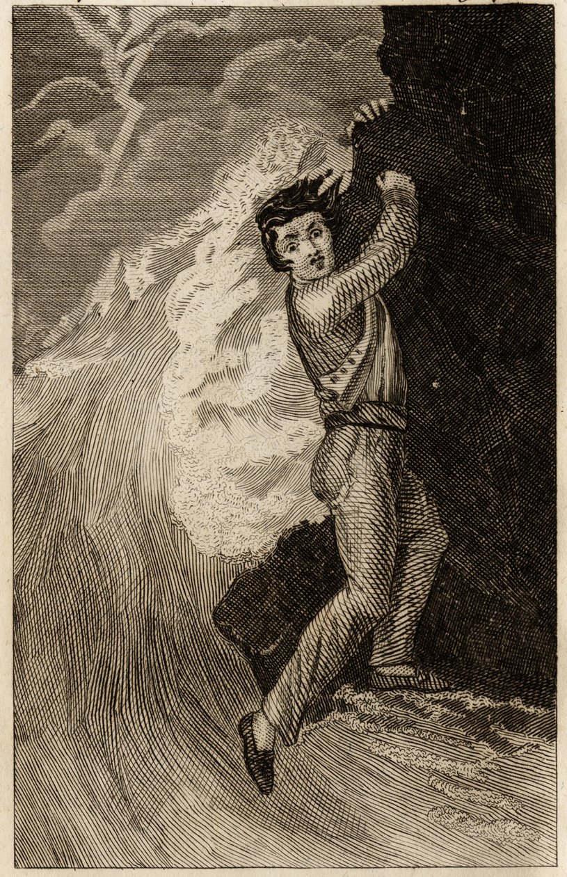 Forliset til Robinson Crusoe, gravering innsatt i "The adventures of Robinson Crusoe" av Daniel Defoe (1660-1731), edition la librairie d'education, Paris 1838. Selvas samling. av Unknown artist