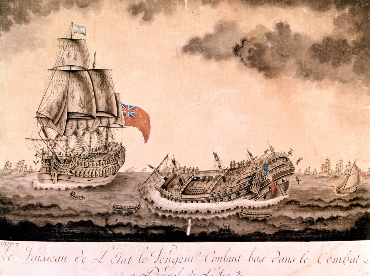 Forliset til «avneren» sank utenfor Brest av den engelske flåten 1/06/1794. Gravering sent på 1700-tallet, begynnelsen av 1800-tallet. av Unknown artist