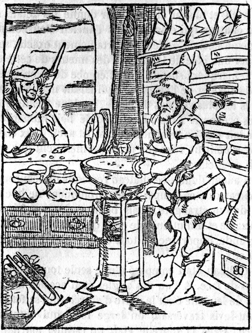 Butikken til apotekeren og kjøpmannen med salver og eliksirer på 1500-tallet, frisøren tar seg av en klients hår - I "" Den pittoreske butikken"" 1836 av Unknown artist