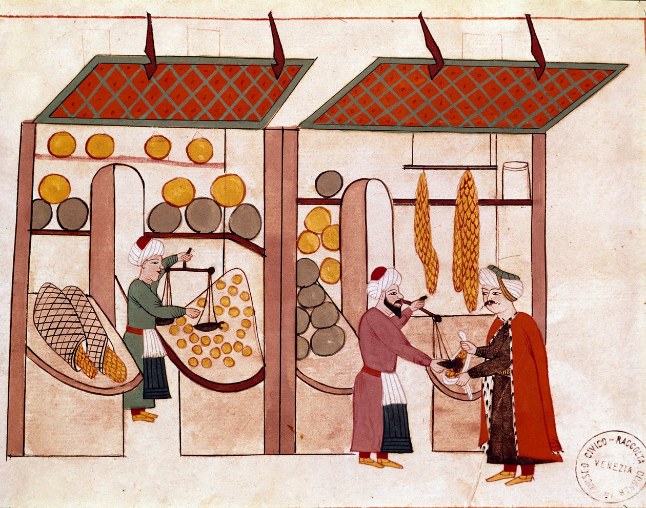Butikken til selgeren av fire årstider, på laster av frukt og grønnsaker Miniatyr fra et manuskript Cicogna av det 19. århundre (1828) etter en original fra det 17. århundre (1671). Venezia, Biblioteca Marciana av Unknown artist