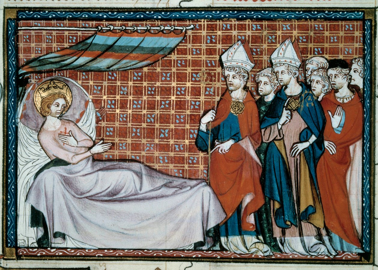 Den syke kongen av Frankrike Saint Louis (Louis IX) (1214-1270) henvender seg til sine slektninger og presteskapet. Miniatyr fra et manuskript "Life and Miracles of Saint Louis" av William av Saint Pathus av Unknown artist
