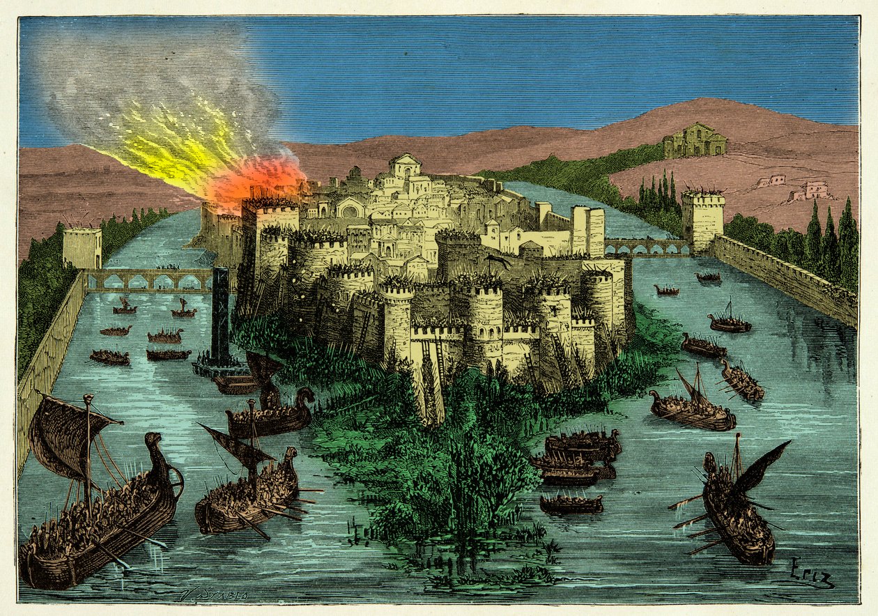 Beleiringen av Paris i 845 av vikingene med Ragnar Lodbrok i spissen, Gravering 1800-tallet av Unknown artist
