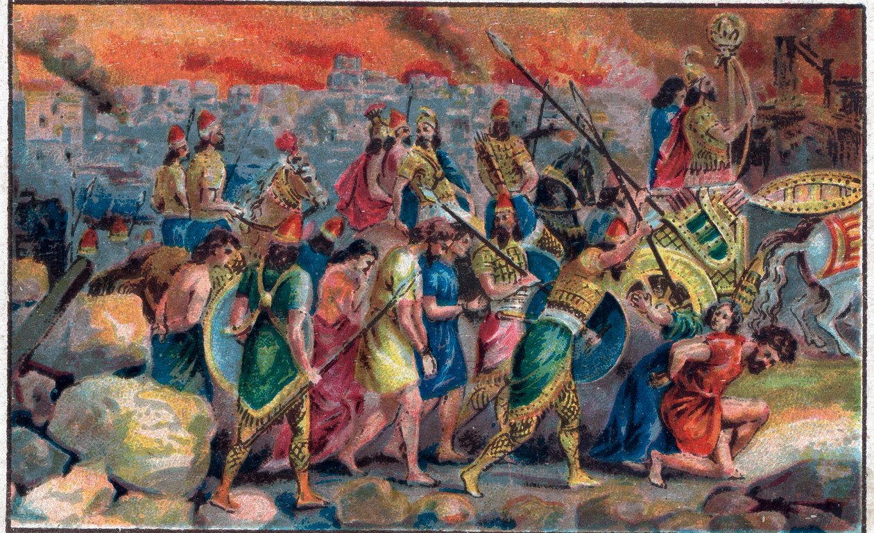 Beleiringen av byen Jerusalem av Babylons konge Nebukadnesar II (v. 630 f.Kr.-562 f.Kr.) i 586 f.Kr. og ødeleggelsen av Jerusalems by og tempel. Kromolitografi fra slutten av 1800-tallet. av Unknown artist
