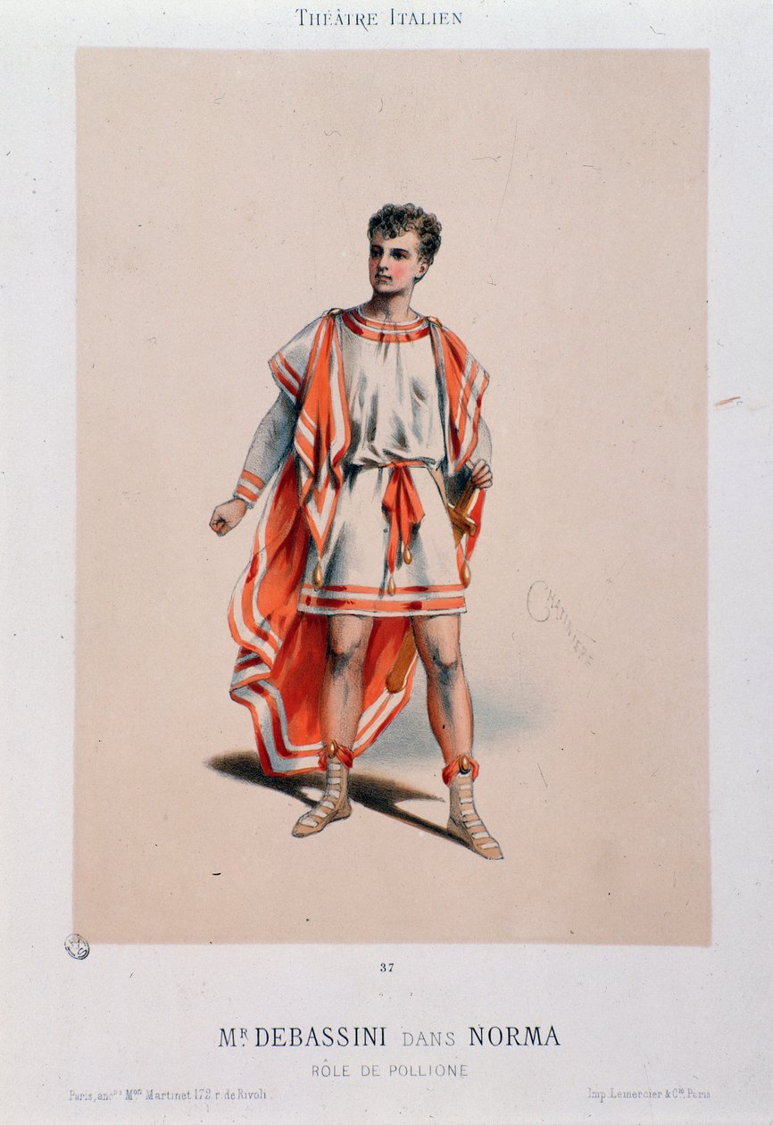 Sangeren Achille De Bassini fremfører Pollione i operaen La Norma av Unknown artist