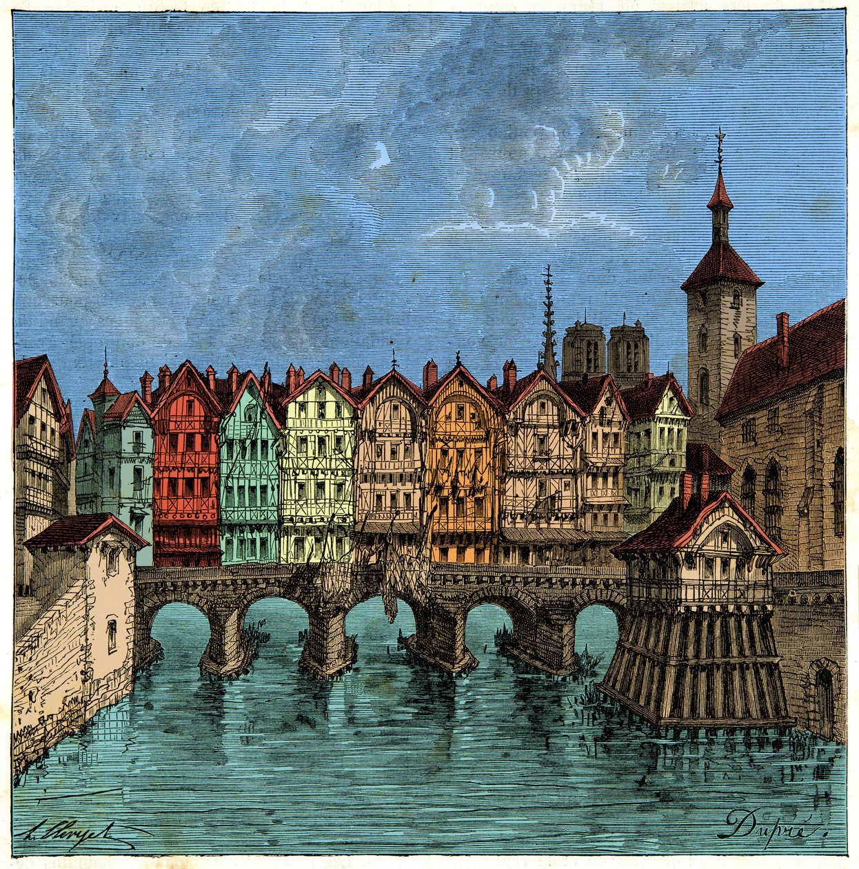 Den lille broen som senere var Pont au Change i Paris i middelalderen, gravering 1800-tallet av Unknown artist