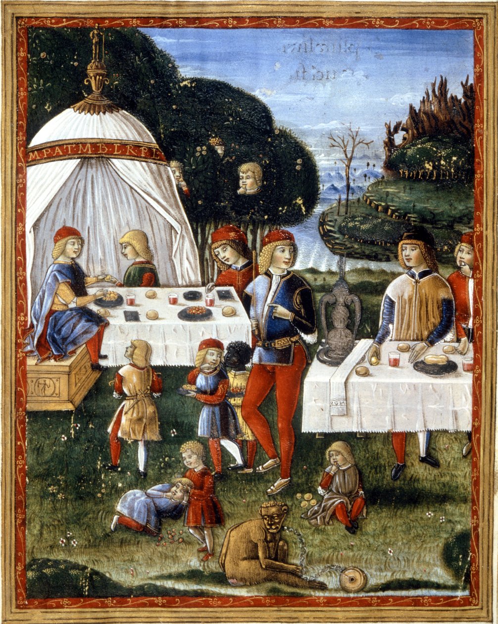 Snacksen til Maximilian Sforza (1490 - 1530) i parken. Miniatyr fra et manuskript fra 1400-tallet. Milano, Biblioteca Trivulziana. av Unknown artist