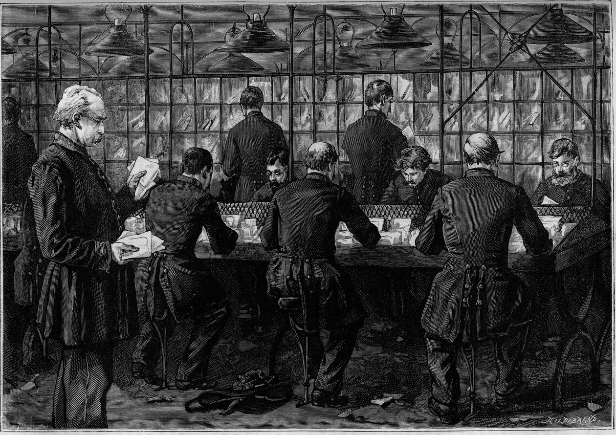 The sorting of correspondence in an office of the Hotel des Postes in the Rue du Louvre in Paris. Engraving in the journal “” La jeunesse”” av Unknown artist