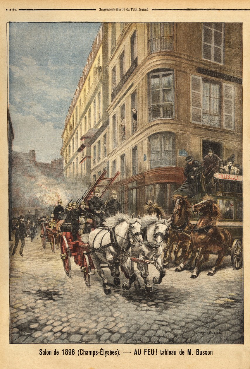 Damppumpen og kjøretøyene til brannmennene i Paris, ifølge et maleri av Mr. Busson. Gravering i "" Le petit journal"" 3/05/1896. Selvas samling. av Unknown artist