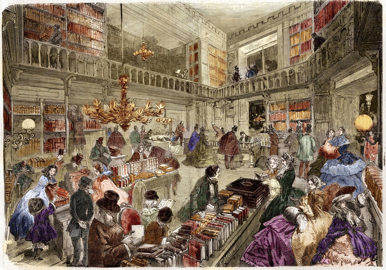 Butikken til bokhandelen Nouvelle, boulevard des italiens i Paris i 1860. av Unknown artist
