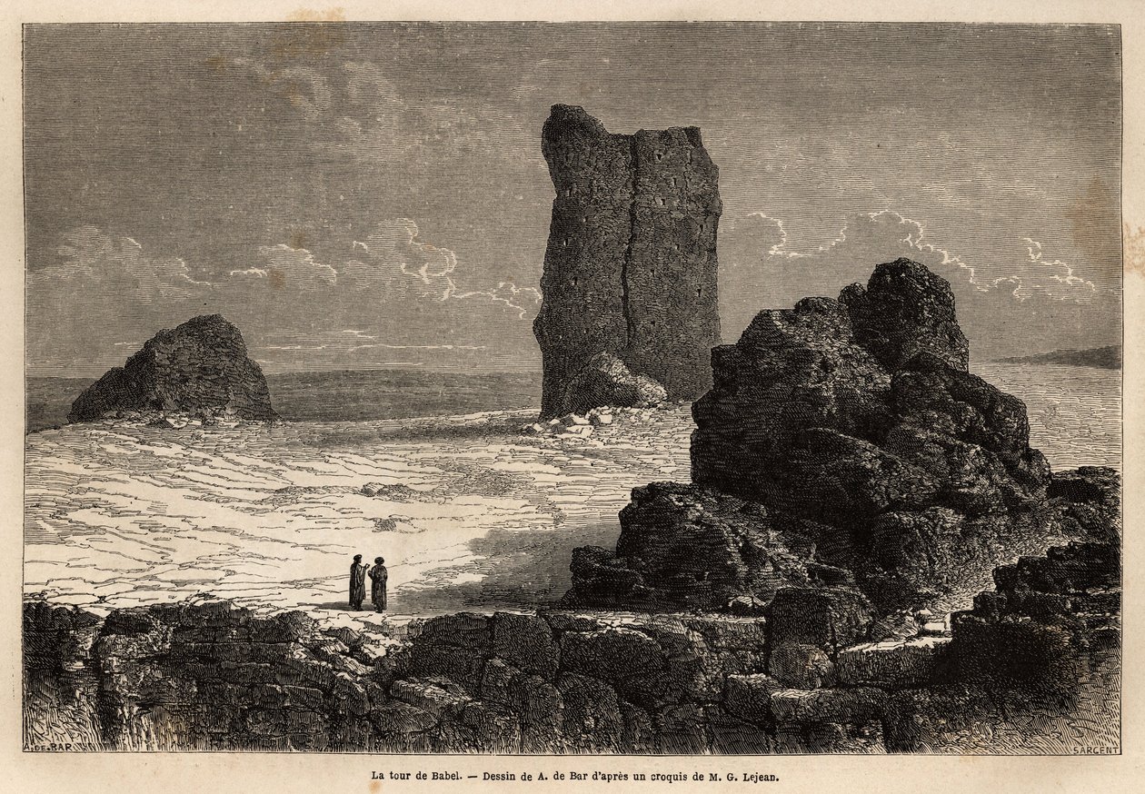 Ruinene av Birs Nimroud med butikkfront, som turistsamfunnet i Bagdad (Irak) på den tiden, identifiserer som Babels mytiske tårn. Engravure pour illustrrer le voyage dans la Babylon, en 1866, av Guillaume Lejean, i "Le tour du monde, nouveau j av Unknown artist