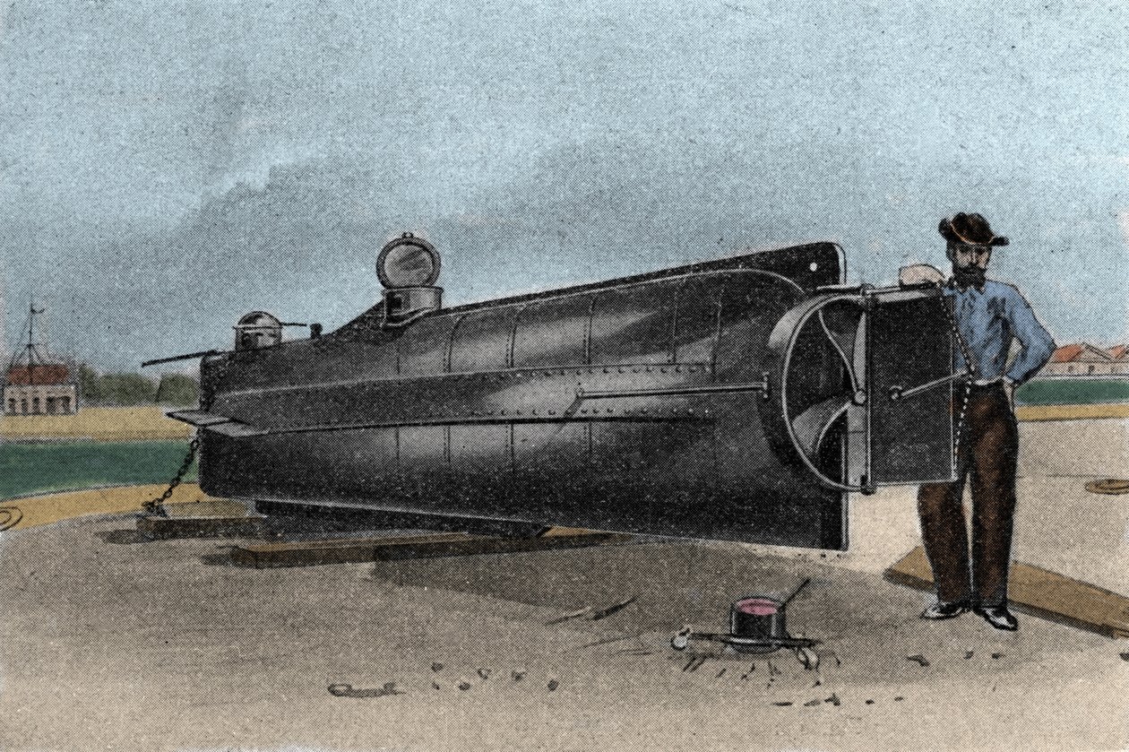 Ubåten (ubåten) CSS H. L. Hunley som ble brukt av den konfødererte statens marine under løsrivelseskrigen. 1861-1865 Gravering av 1800-tallet av Unknown artist