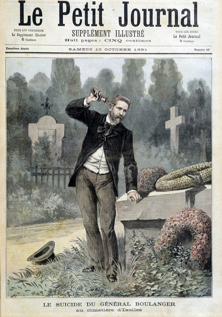 Selvmordet til general Boulanger på kirkegården i Ixelles - i "Le Petit Journal" av 10/10/1891 (gravering) av Unknown artist