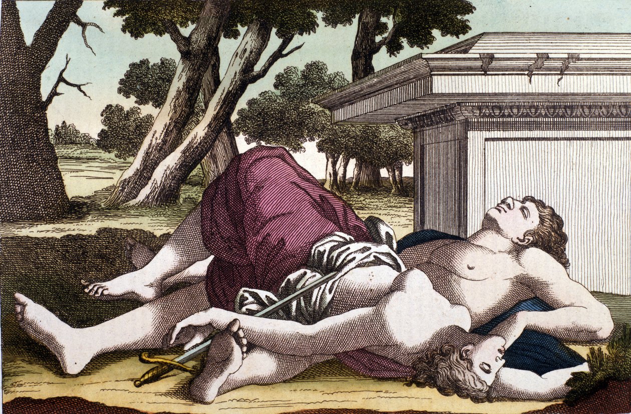 Selvmordet til Pyramus (Pirame) under mureren og Thisbes død. Overbevist om at løvinnen hadde fortæret Thisbe, ga Pyramus seg selv døden og dekket de hvite skikkene med blodet hennes. Thisbe, som gjemmer seg for å unnslippe løven, finner kjærligheten død o av Unknown artist