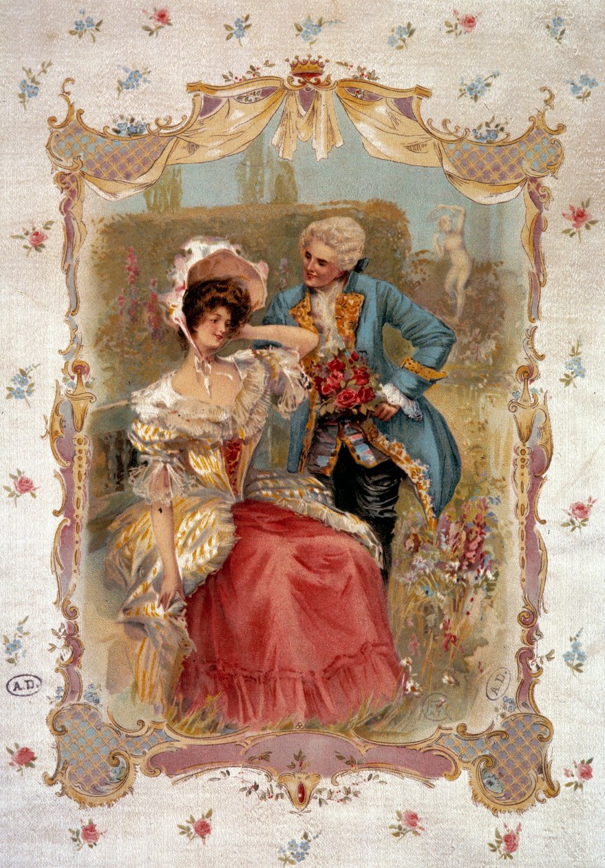 Den søte bekjennelsen En mann som frier til en kvinne på 1700-tallet. Litografi fra 1800-tallets Paris, dekorativ kunst av Unknown artist