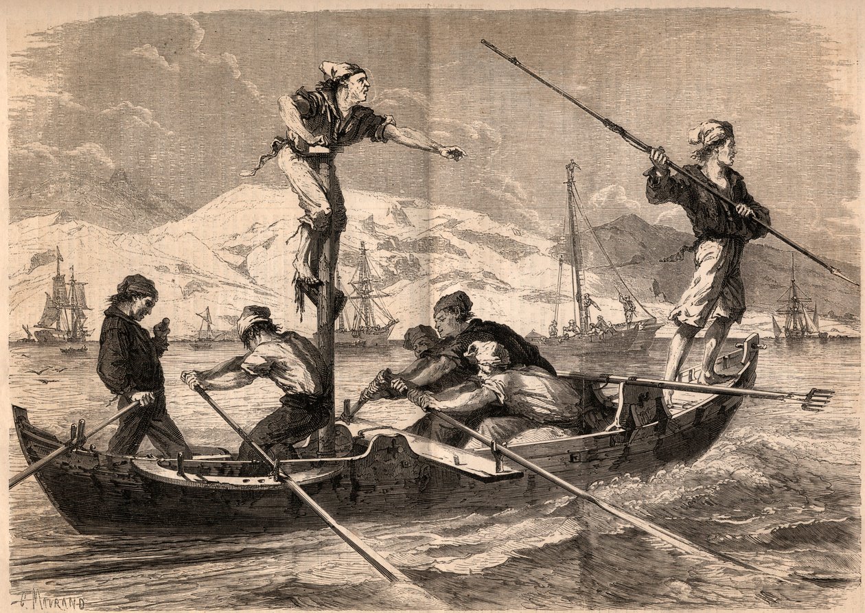 Sverdfisken harpunfiske (pesce spada, sverdfisk) på kysten av Sicilia i Italia i 1862. Gravering i “Le Monde illustrious”” fra 1862. Privat samling. av Unknown artist