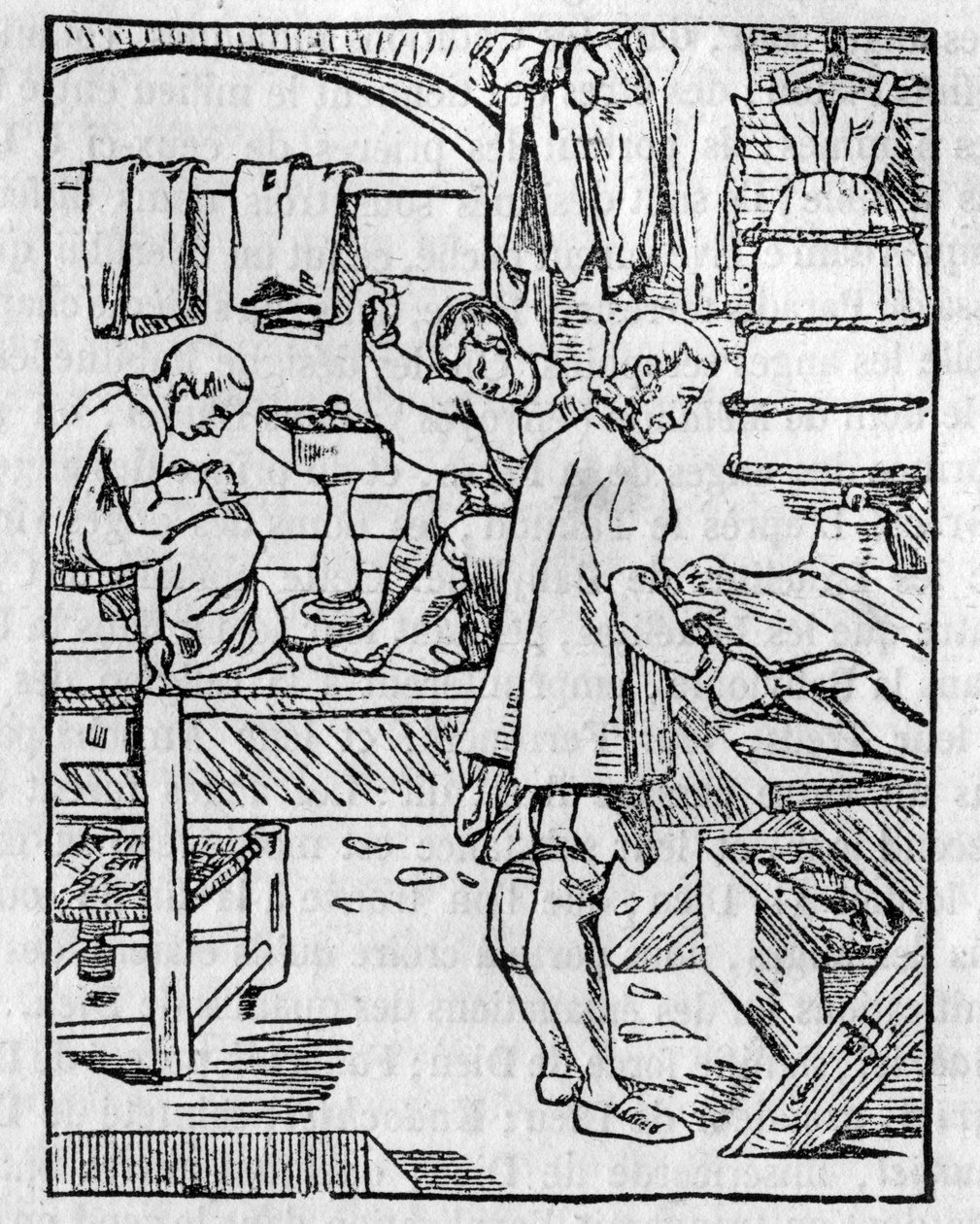 Skredderverkstedet på 1500-tallet, skjæring av stoffer - I “” Den pittoreske butikken”” 1836 av Unknown artist