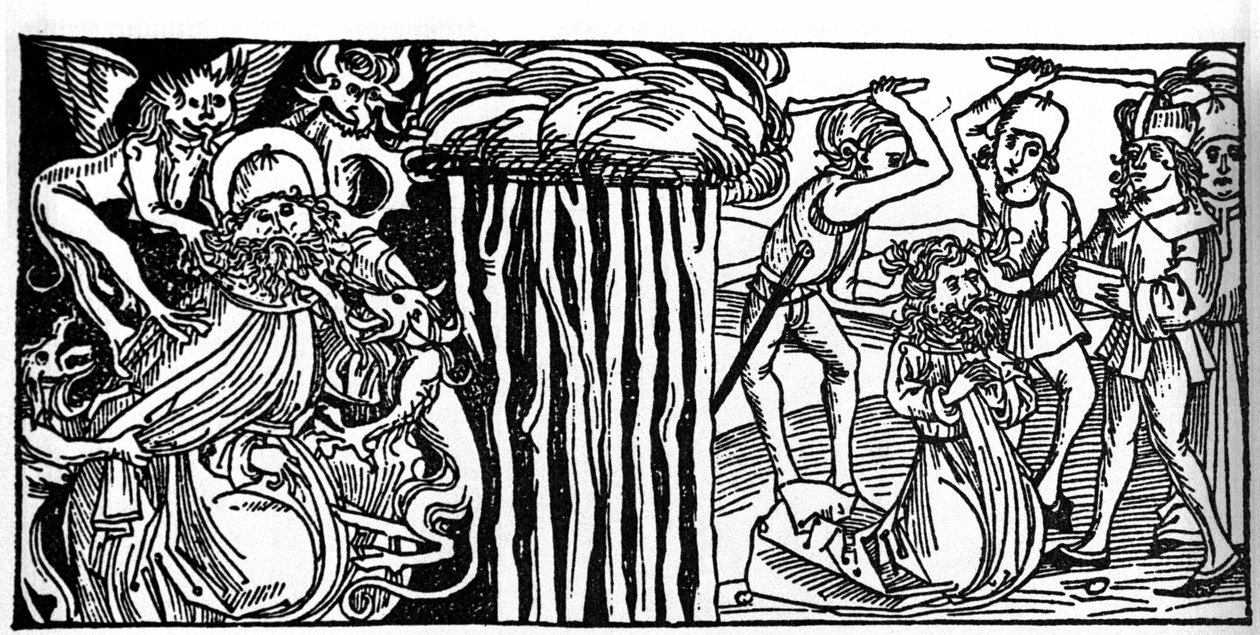 Fristelsene til Saint Anthony the Great (eller Saint Anthony the Eremit eller Saint Anthony the Abbe), og til høyre hans martyrdød etter. Gravering fra «Leben der Heiligen - sommerteil» (Helgenboken) av Jacobus (James) fra Voragine (1228-1298). L av Unknown artist