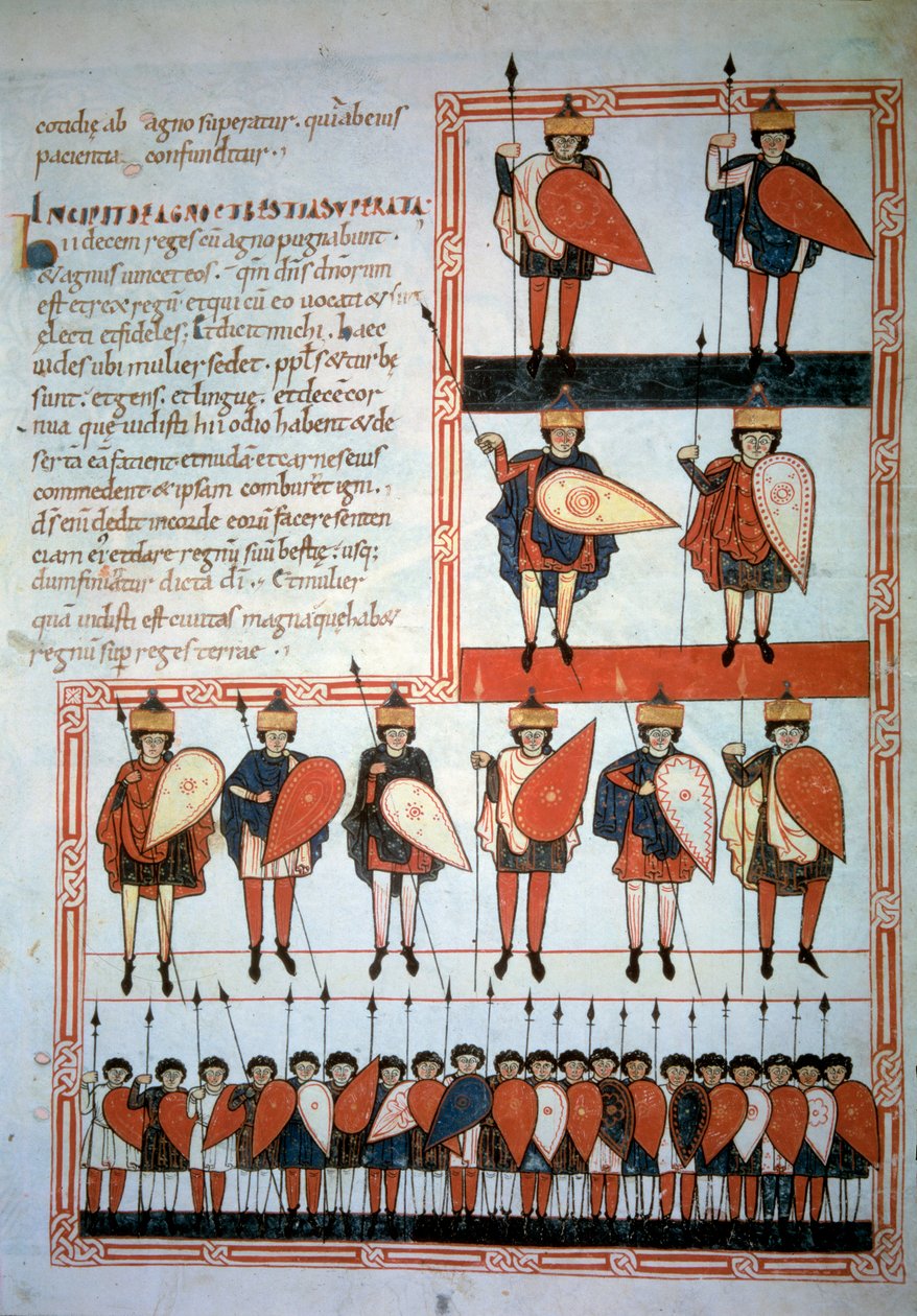 De ti kongene av apokalypsen våpen av spyd og skjold med sine tropper. Miniatyr i "" Beatus de Liebana, Commentary on the Apocalypse"" (Folio 193), av Stephanus Garcia av Unknown artist