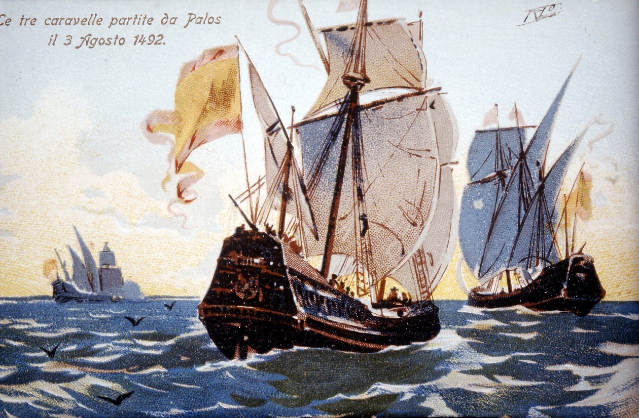 De tre karavellene til Columbus forlater Palos 3.08.1492. av Unknown artist