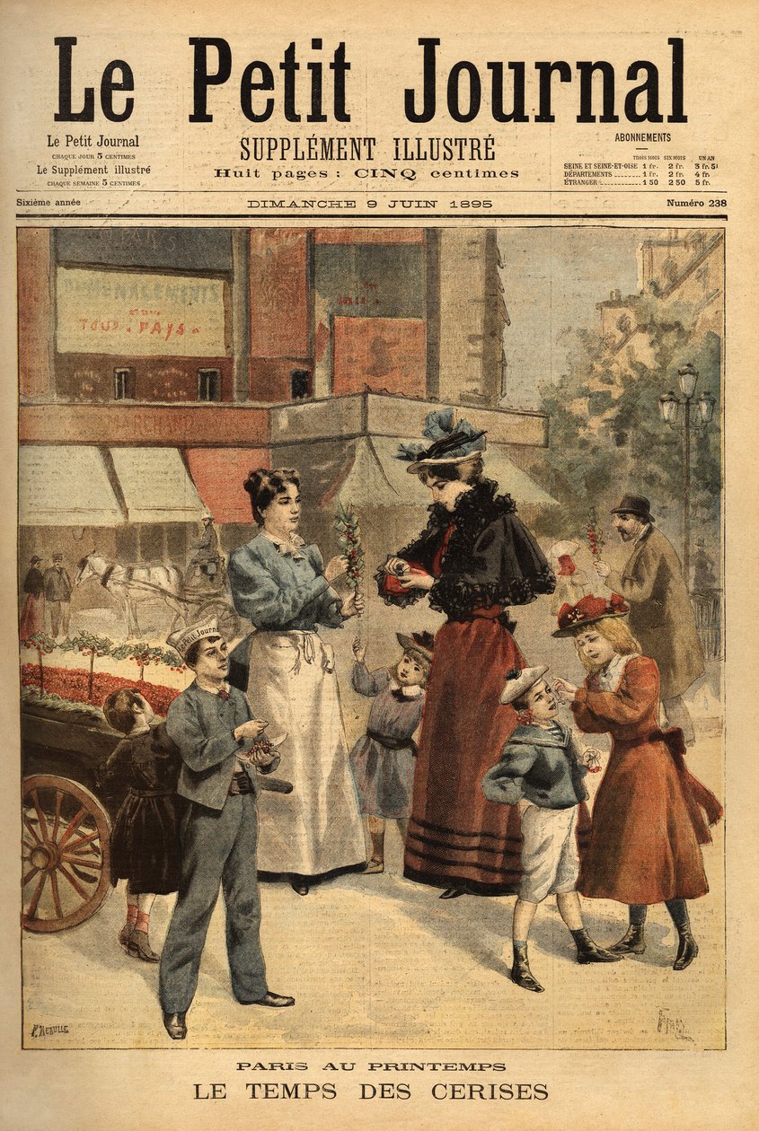 Tiden for kirsebær, gående kjøpmann i gatene i Paris. Gravering i "" Le petit journal"" 9/06/1895. Selvas samling. av Unknown artist