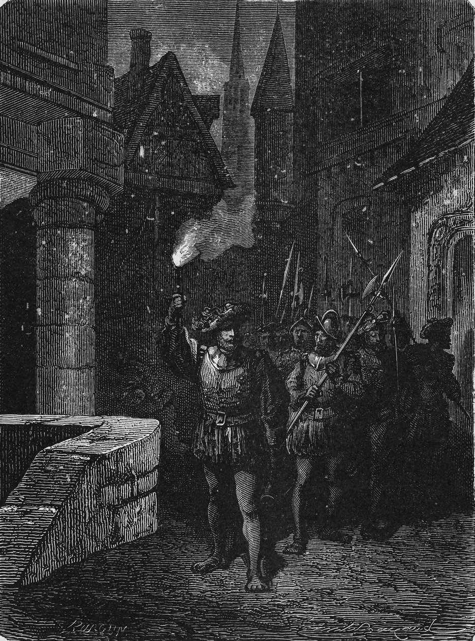 The torchlight watch in the streets of Paris in the 17th century. In” Album de la Science””, Éditions Jouvet av Unknown artist