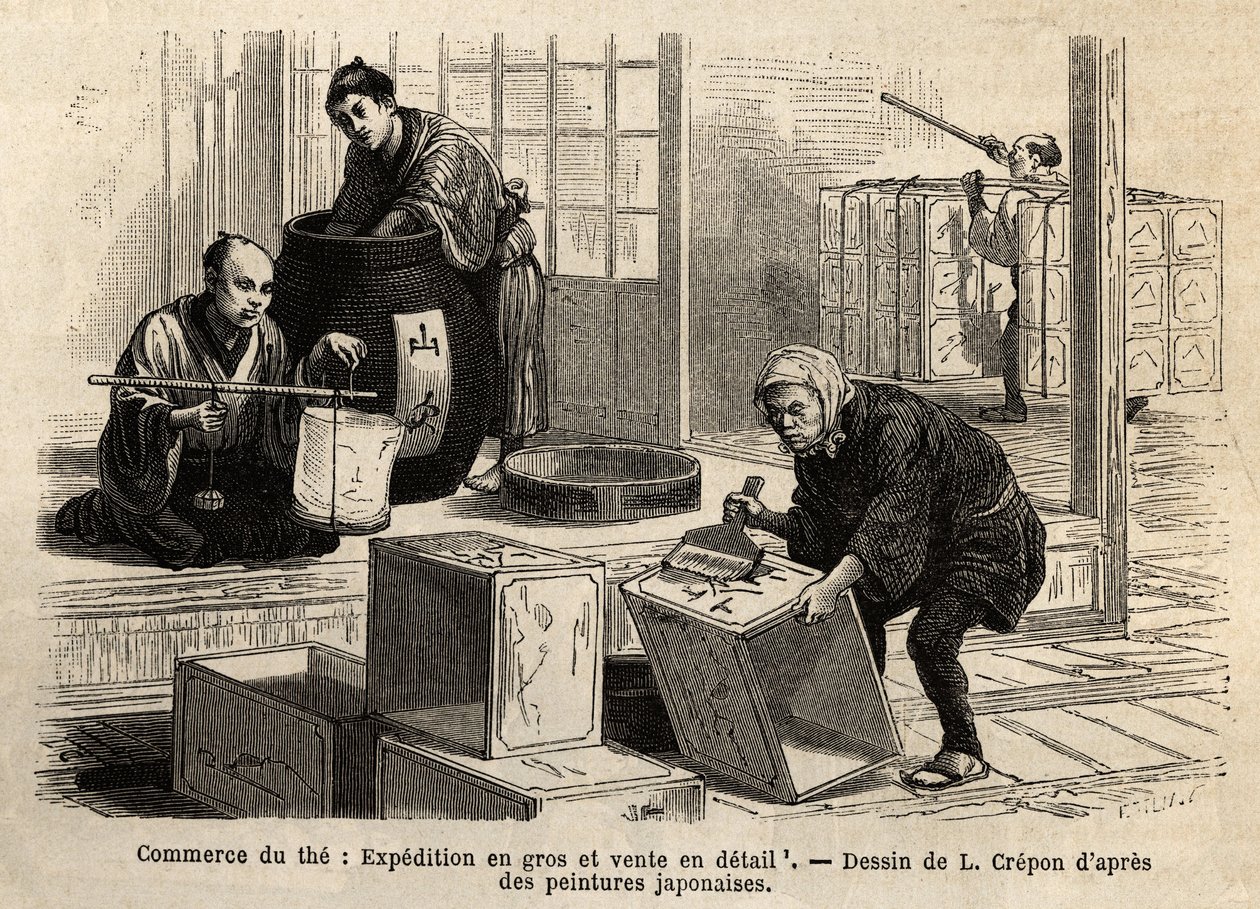 Handelen med te: engros- og detaljhandel. Gravering for å illustrere reisen til Japan, av Aime Humbert, minister for det sveitsiske konføderasjonen, i 1863-1864, publisert i "" Le tour du monde""" 1869, redigert av Edouard Charton, utgave Hachette, Par av Unknown artist
