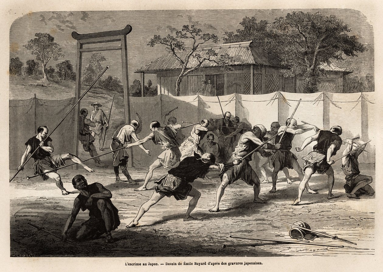 Trening av japanske krigere i sverd- og spydkamp, på en slags arena omgitt av strukket lerret. Gravering for å illustrere reisen til Japan, i 1863-1864, av Aime Humbert, minister for det sveitsiske konføderasjonen, i "" Le tour du monde, nouveau av Unknown artist