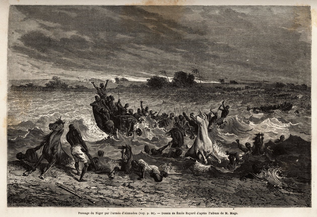 Transporten av kong Ahmadous hær på Niger-elven i regntiden forårsaket ham mange skipsvrak og mange tap av hester. Gravering for å illustrere reisen til Vest-Sudan til løytnant (Marine) M. Mage, i 1863-1866, publisert i "Le tour d av Unknown artist