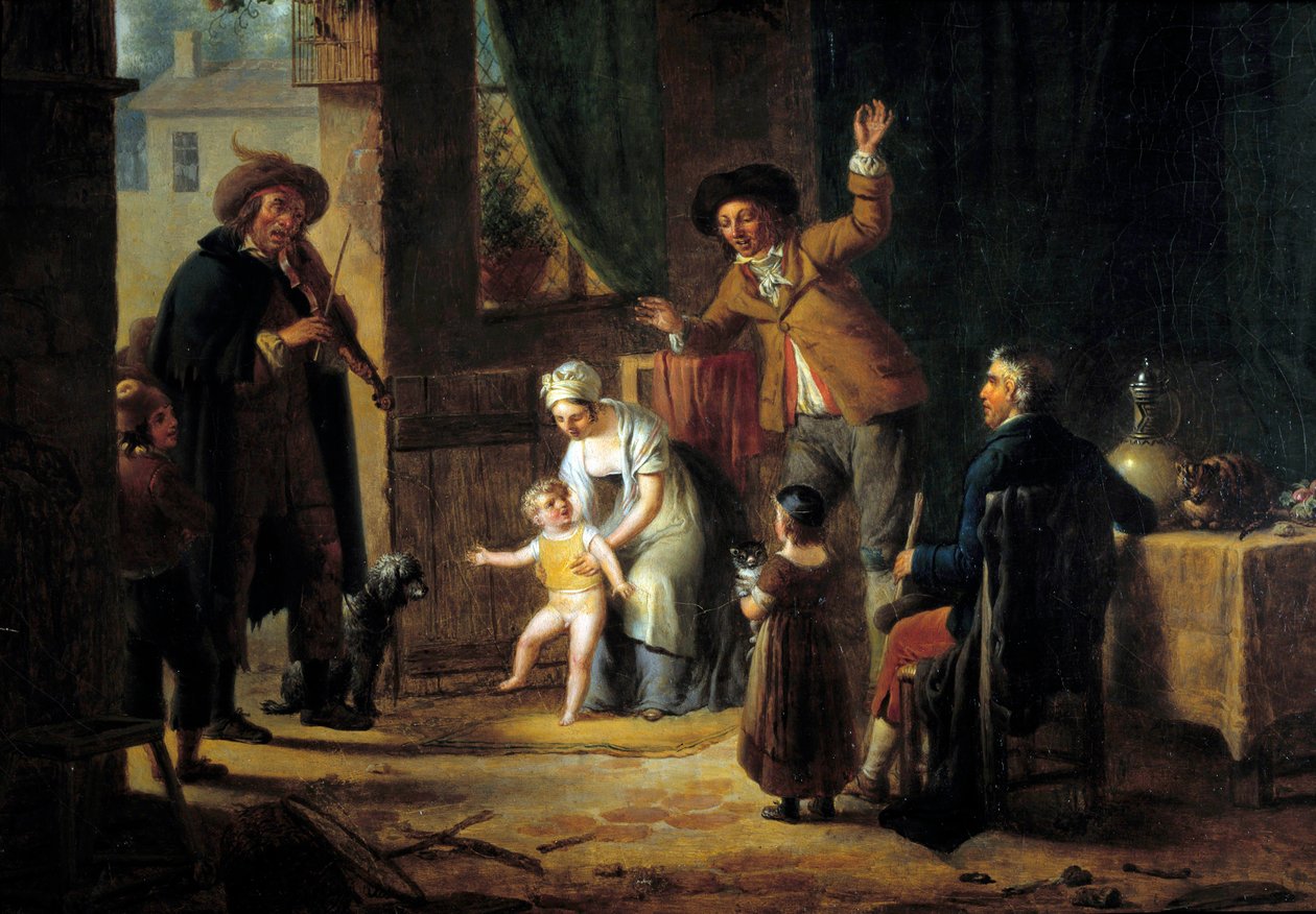 Den omreisende musikeren En fiolinist spiller musikk ved døren til et familiehus. Anonymt maleri. 1819 Paris, dekorativ kunst av Unknown artist