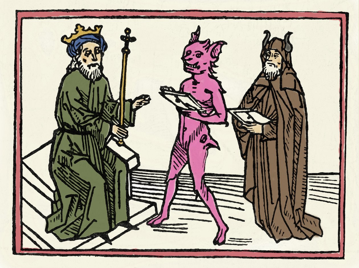 Rettssaken mot Belial: "Demon Belial presenterer sin legitimasjon til dommer Solomon" "Gravering fra "The trial of Belial"" av Jacobus de Teramo (eller Palladino), Ausburg av Unknown artist