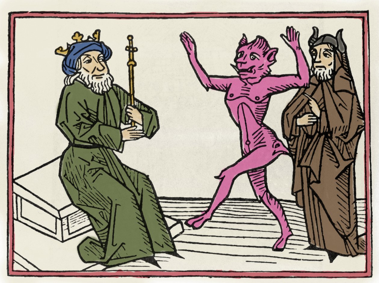 Rettssaken mot Belial: "" Demonen Belial danser foran dommer Solomon""" Gravering fra "The trial of Belial"" av Jacobus de Teramo (eller Palladino), Ausburg av Unknown artist