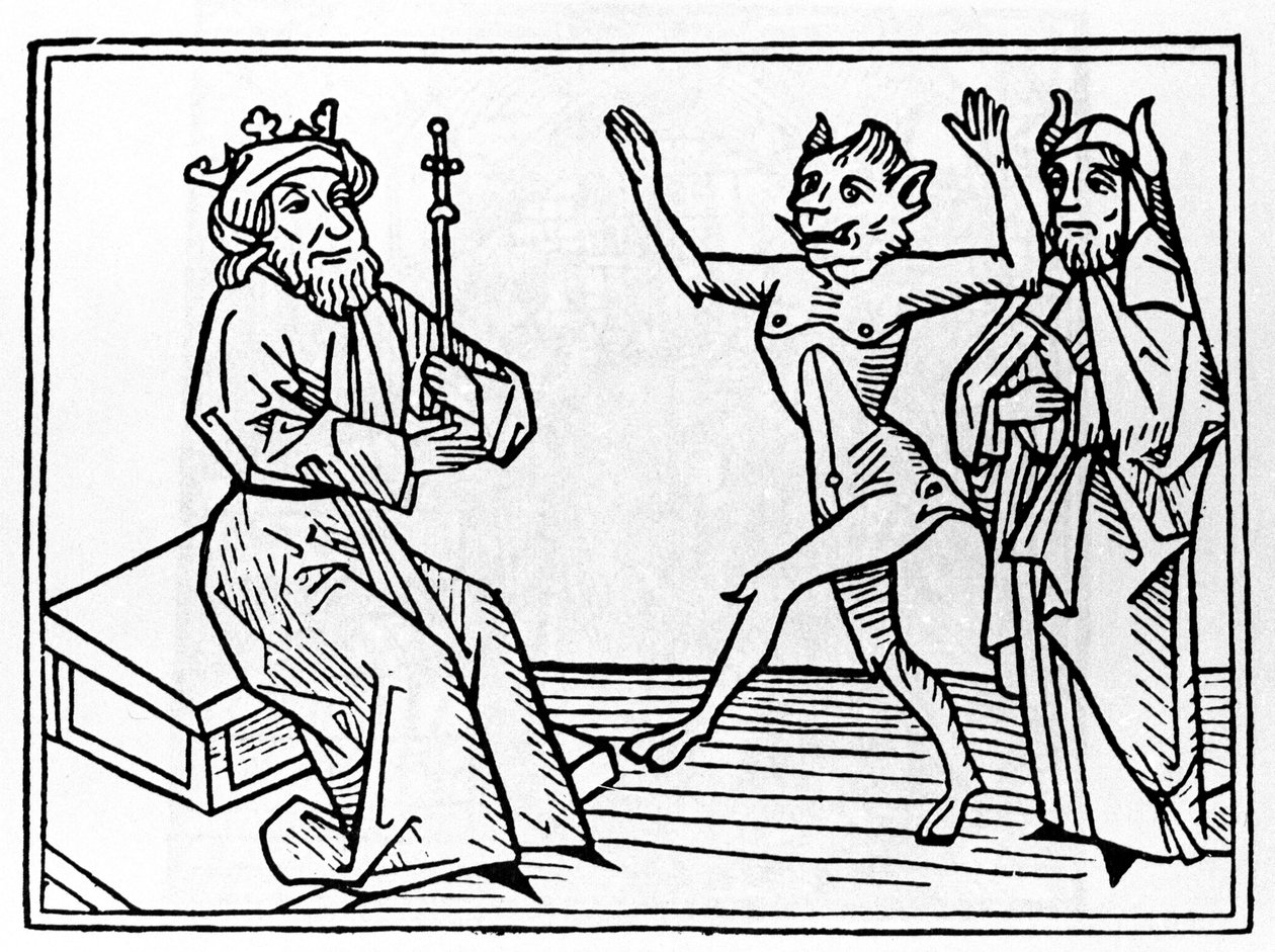 Rettssaken mot Belial: "" Demonen Belial danser foran dommer Solomon""" Gravering fra "The trial of Belial"" av Jacobus de Teramo (eller Palladino), Ausburg av Unknown artist