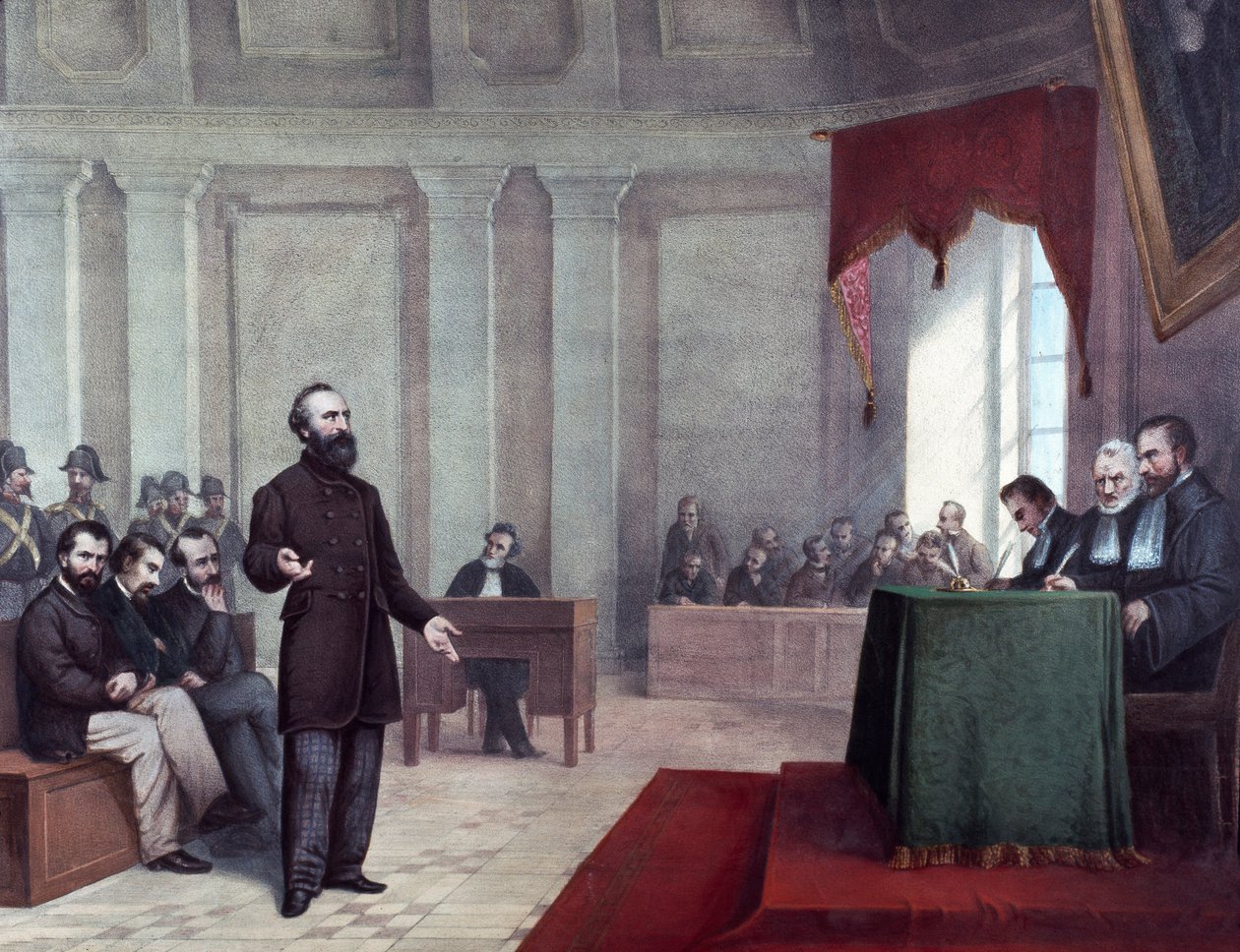 Rettssaken mot Felice Orsini (1819 - 1858) som begikk angrepet 14. januar 1858 på Napoleon III. Litografi fra slutten av 1800-tallet. Milanos private samling ©Luisa Ricciarini/Leemage av Unknown artist