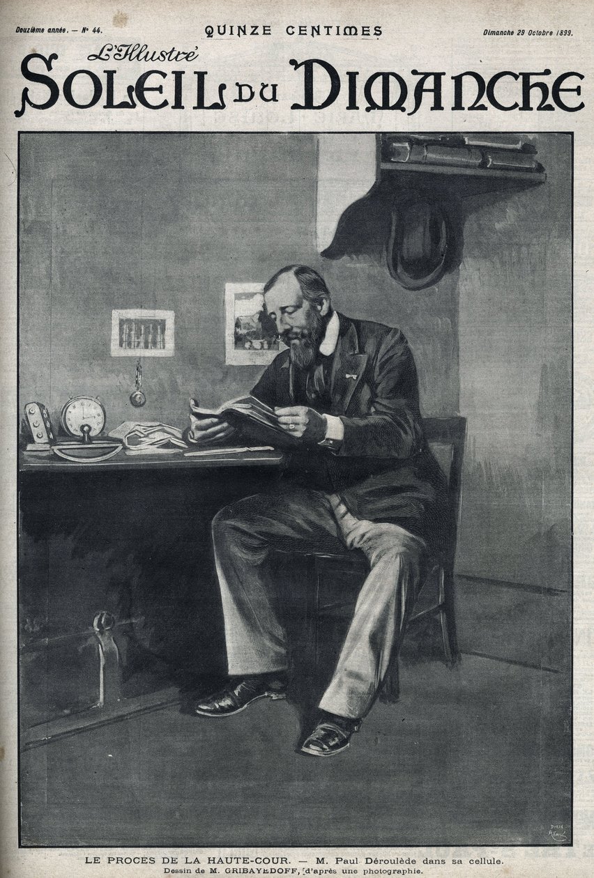 Rettssaken mot Høyesterett: Mr. Paul Deroulede (1846-1914), en fransk forfatter og nasjonalistisk aktivist som er en viktig aktør innen anti-dreyfusisme, i sin celle etter sitt forsøk på statskupp 23. februar. Gravering i “” Le sun-du-dimanche””, 29. oktob av Unknown artist