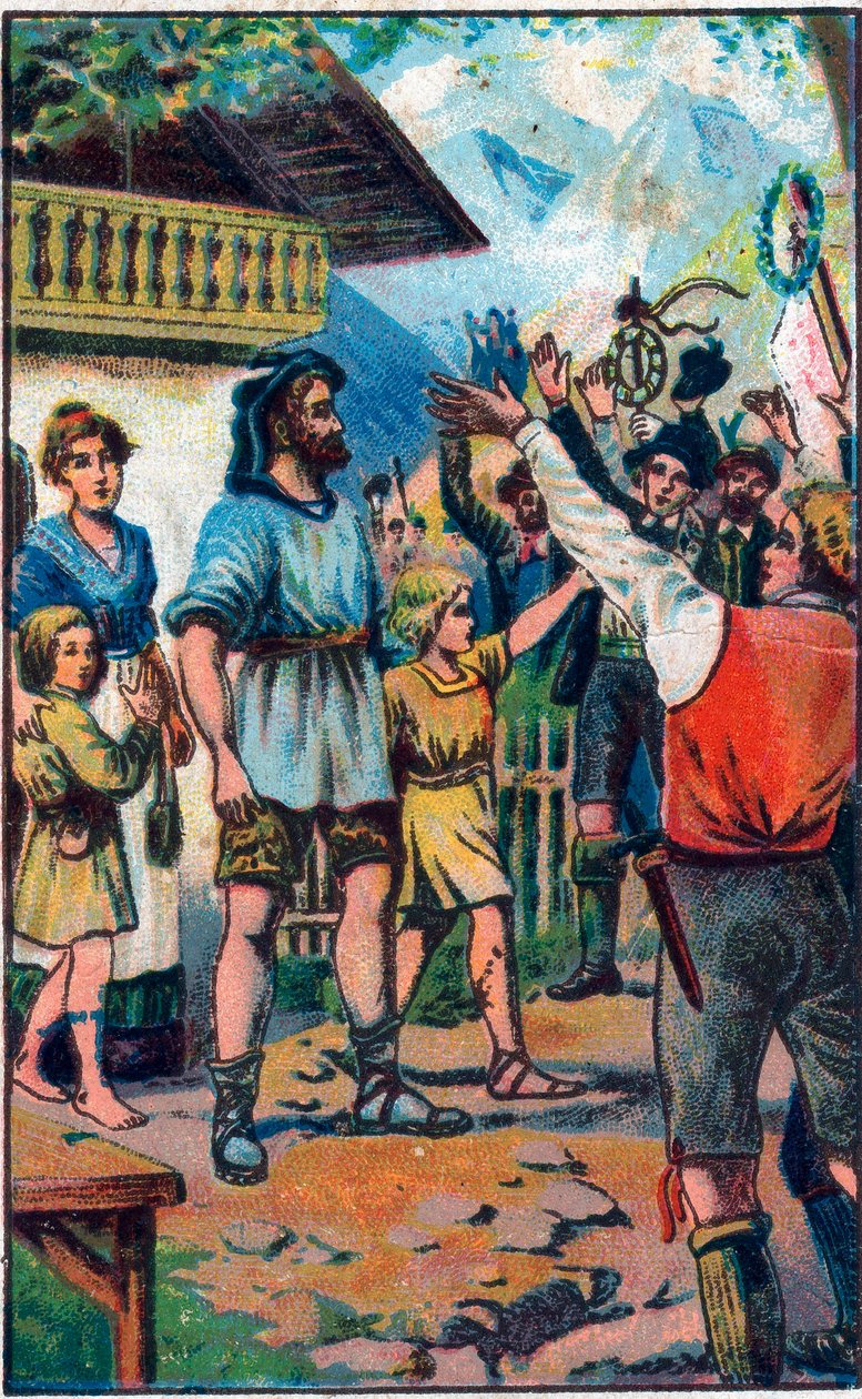 Hyllesten til konføderen til Guillaume Tell (William Tell) (legendariske helter fra sveitsisk uavhengighet) Kromolitografi på slutten av 1800-tallet. av Unknown artist