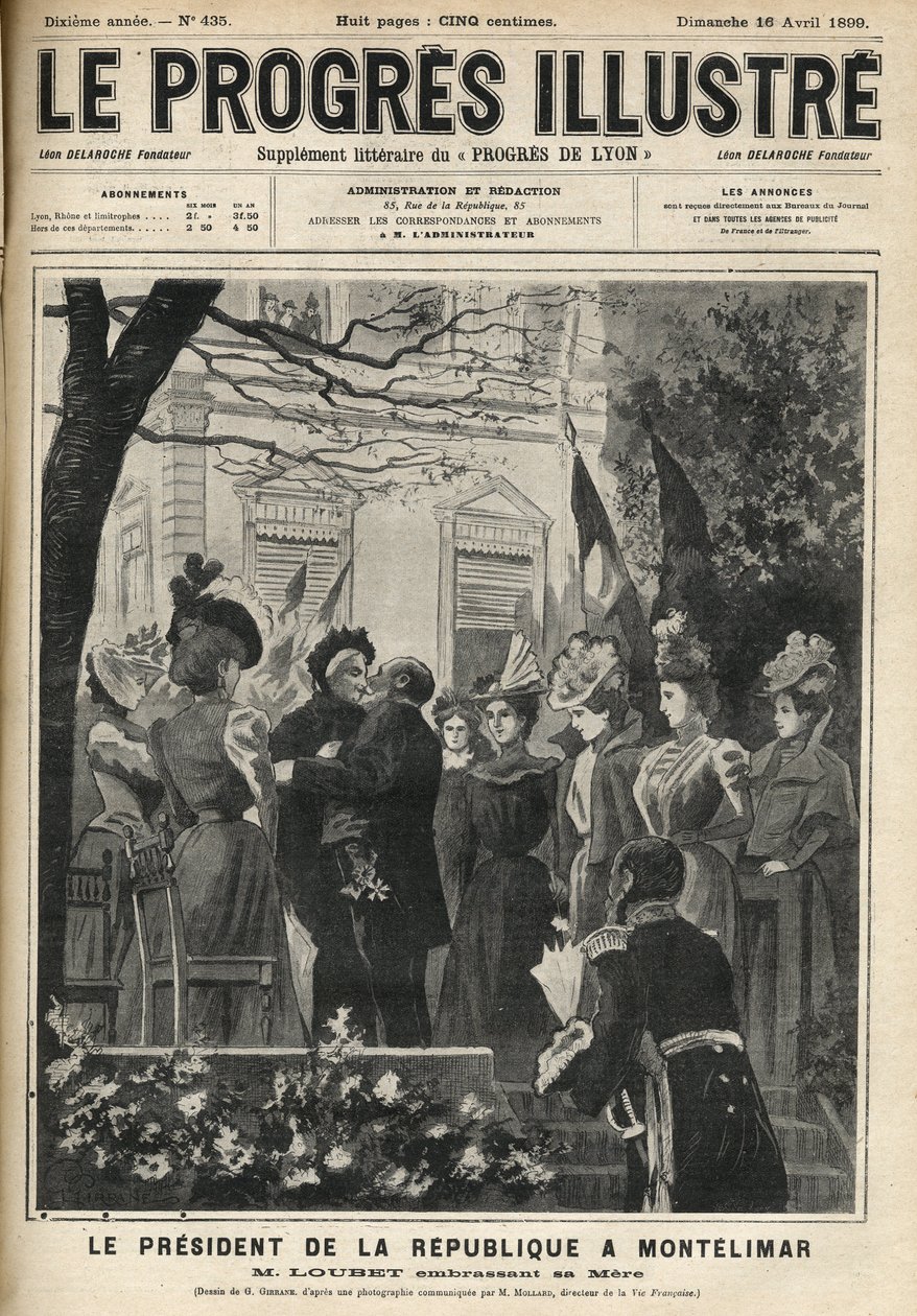 Republikkens presidents reise til Montelimar (Drome, Frankrike): Emile Loubet (1838-1929) og hans mor. Gravering i "The illustrious progress"" fra april 1899. av Unknown artist