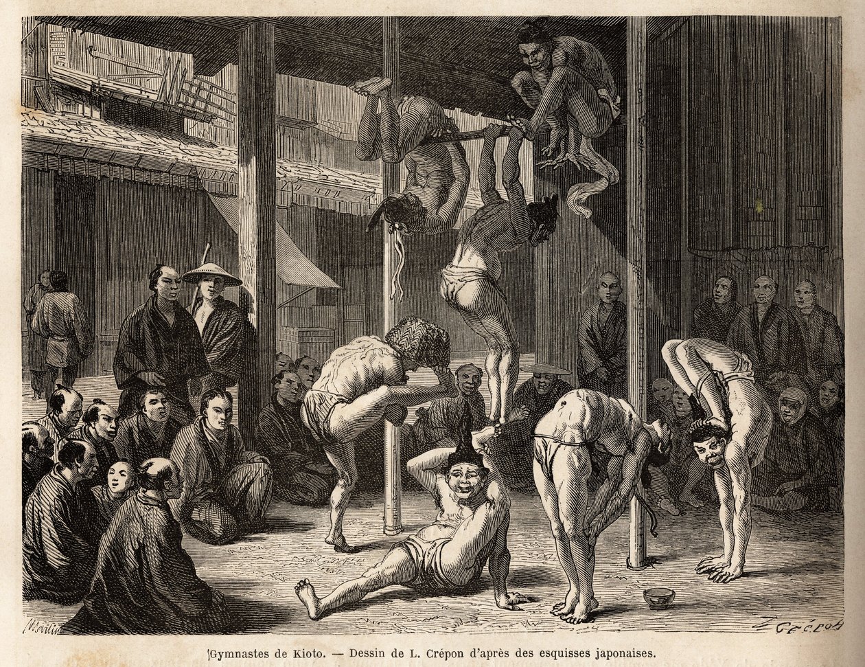 The troupe of the Saltimbanks the gymnasts of Tokio, they perform under a vast shed or are disposed of bamboo mats, all of them are experienced with these physical exercises but also with the practice of comedy. Engraving to illustrate the journey to Japan av Unknown artist