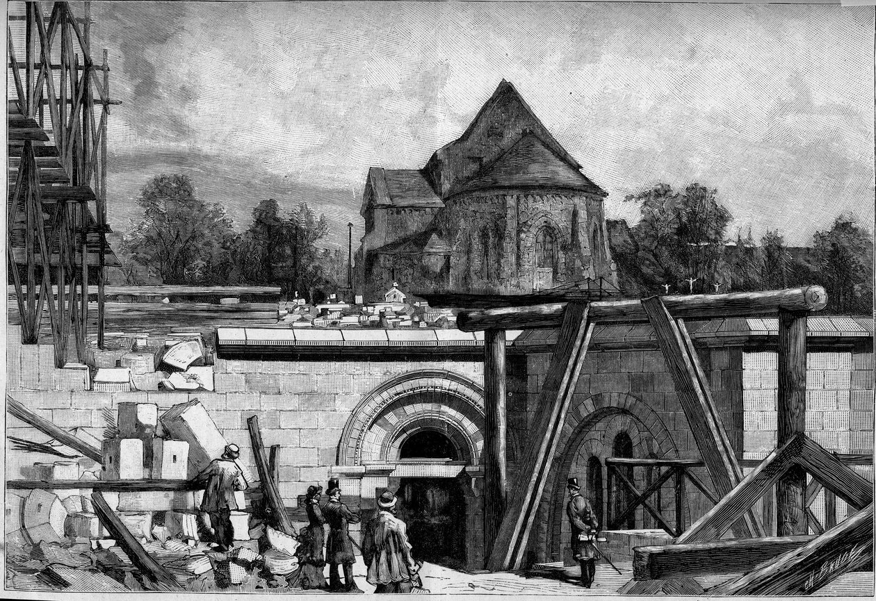 De underjordiske konstruksjonene til Sacre Coeur-kirken i Montmartre: den gamle kirken. Gravering i "" Le Monde Illustré"" nr. 1300 av 25. februar av Unknown artist