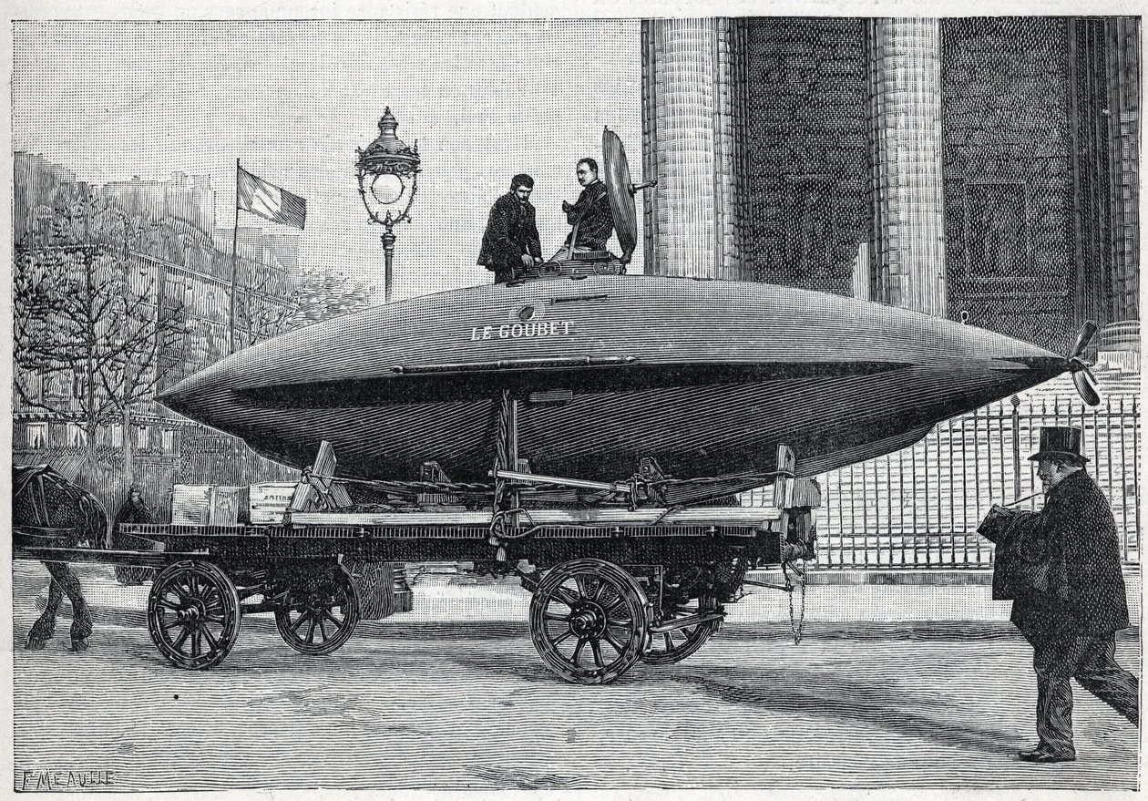 Undervannsbåten (ubåten) "" Le Goubet"", transporterer for eksperimenter, passerer Place de la Madeleine i Paris. Gravering i "" La Nature"" av Unknown artist