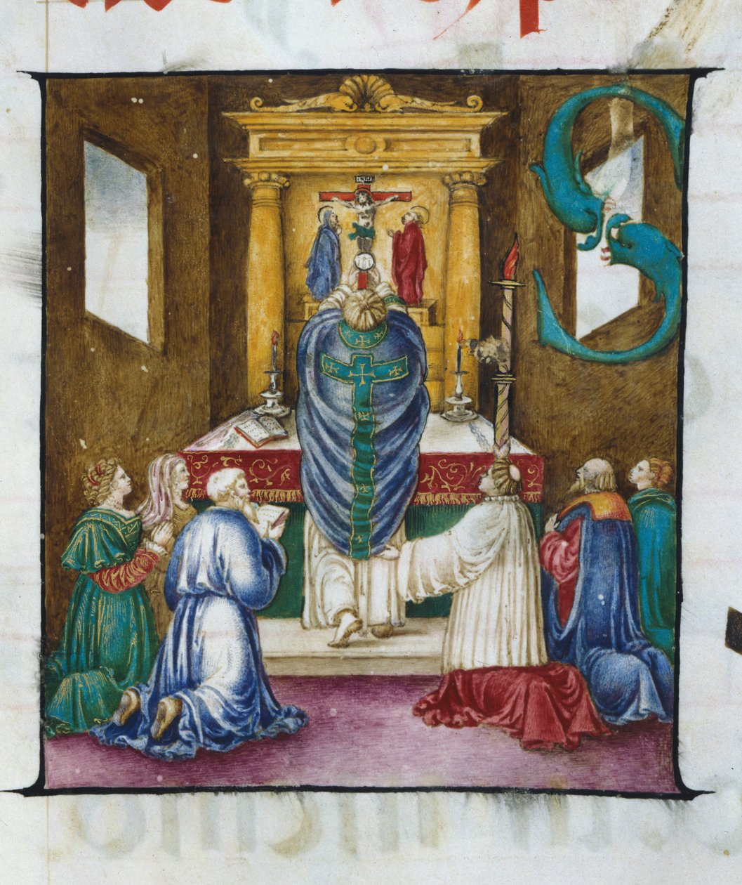 Oppløftet av verten. Lettrine S. - fra et 1500-talls kor. Kirken til den kronede jomfruen av Lodi. av Unknown artist