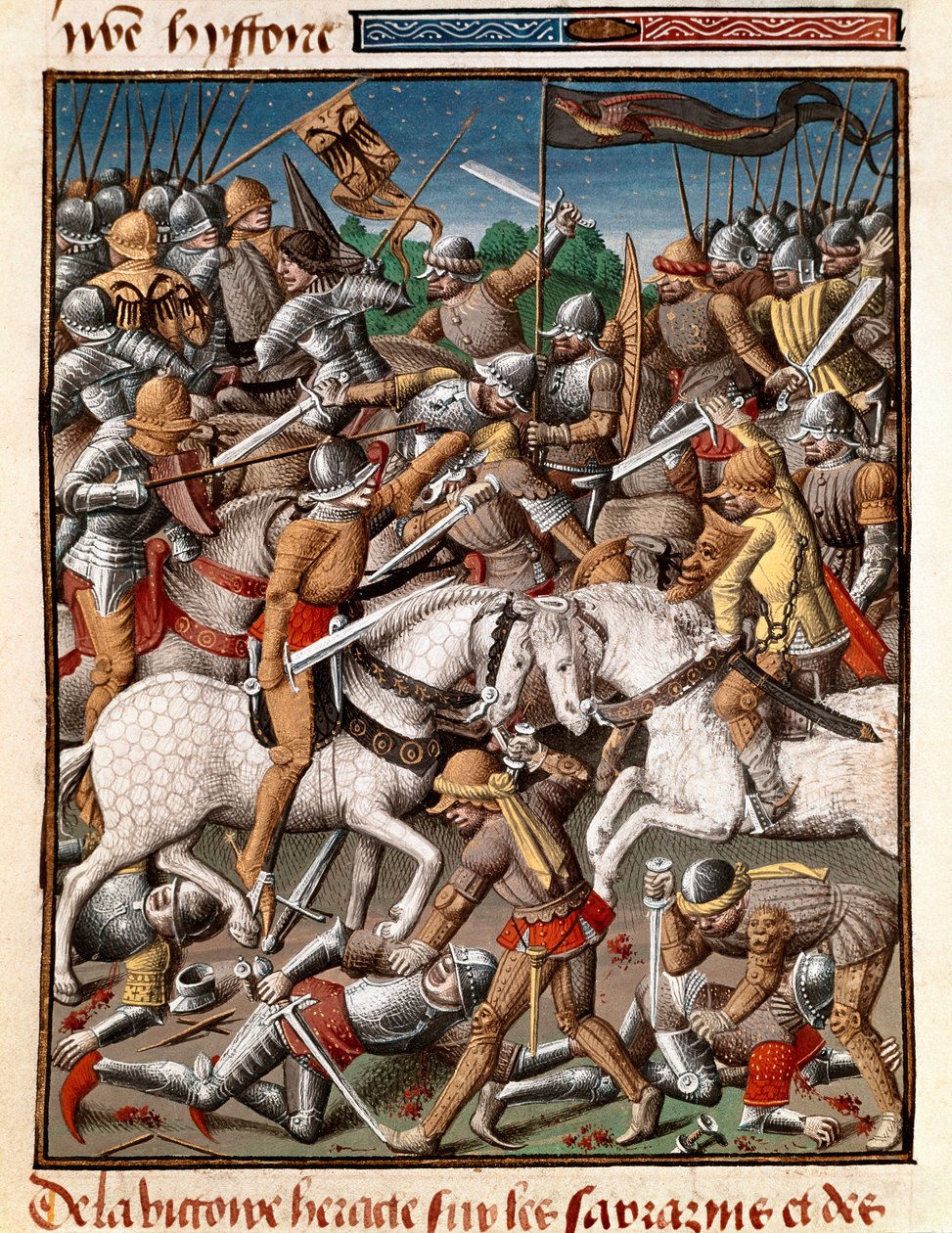 Seieren til den bysantinske keiseren Heraclius (Herakleios (ca. 575-641) over sarrazins Miniature in "" Le miroir historial"" (Speculum Historiale) (ms. 1196 fol. 65 v.) av Vincent de Beauvais (1190-1264) oversatt til fransk av Jean de Vignay av Unknown artist