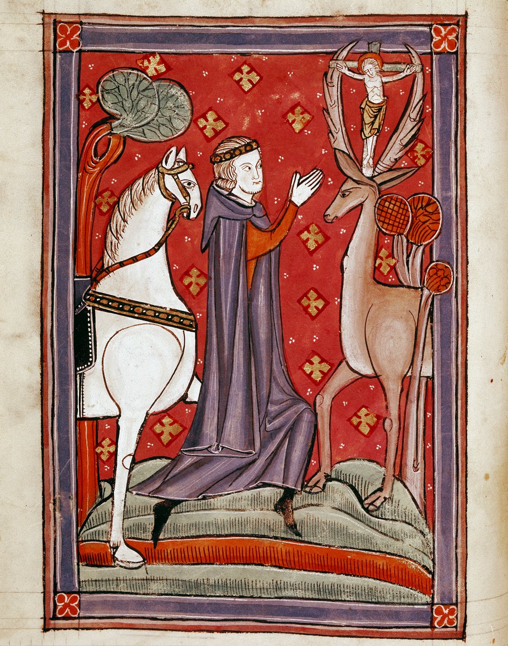 Visjonen til Saint Eustatius Saint Eustachius vendt mot en hjort som bærer et bilde av Kristus, korsfester mellom skogene hans. Miniatyr fra et manuskript fra 1200-tallet. Biblioteca Marciana, Venezia av Unknown artist
