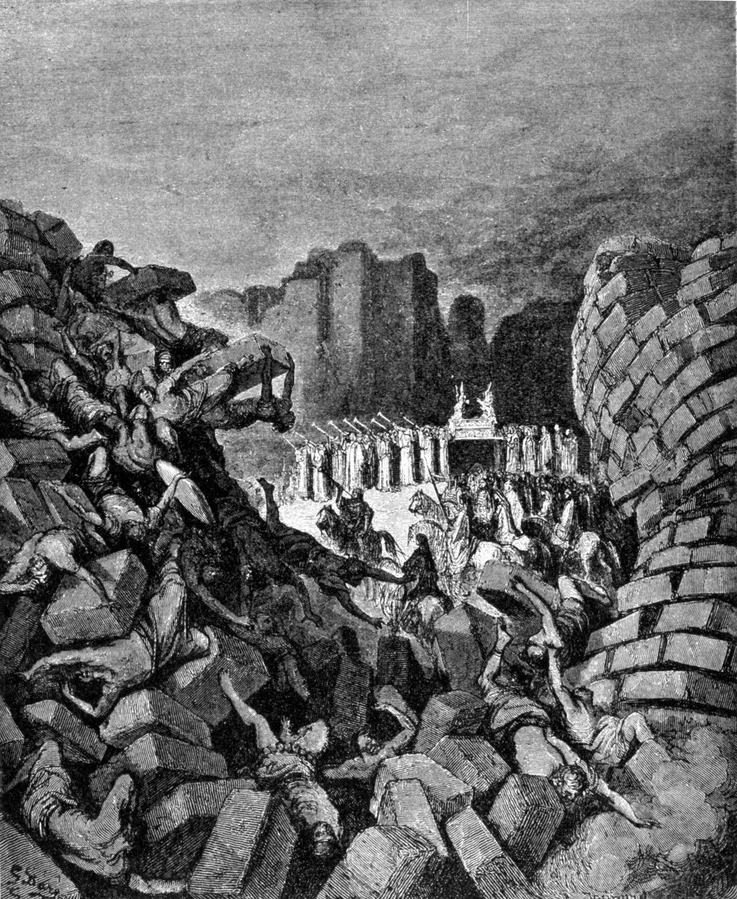 Jerikos murer kollapset til lyden av Hoseas trompeter, noe som gjorde at hebreerne kunne gripe dem. Josvas bok. Gravering av 1800-tallet. av Unknown artist