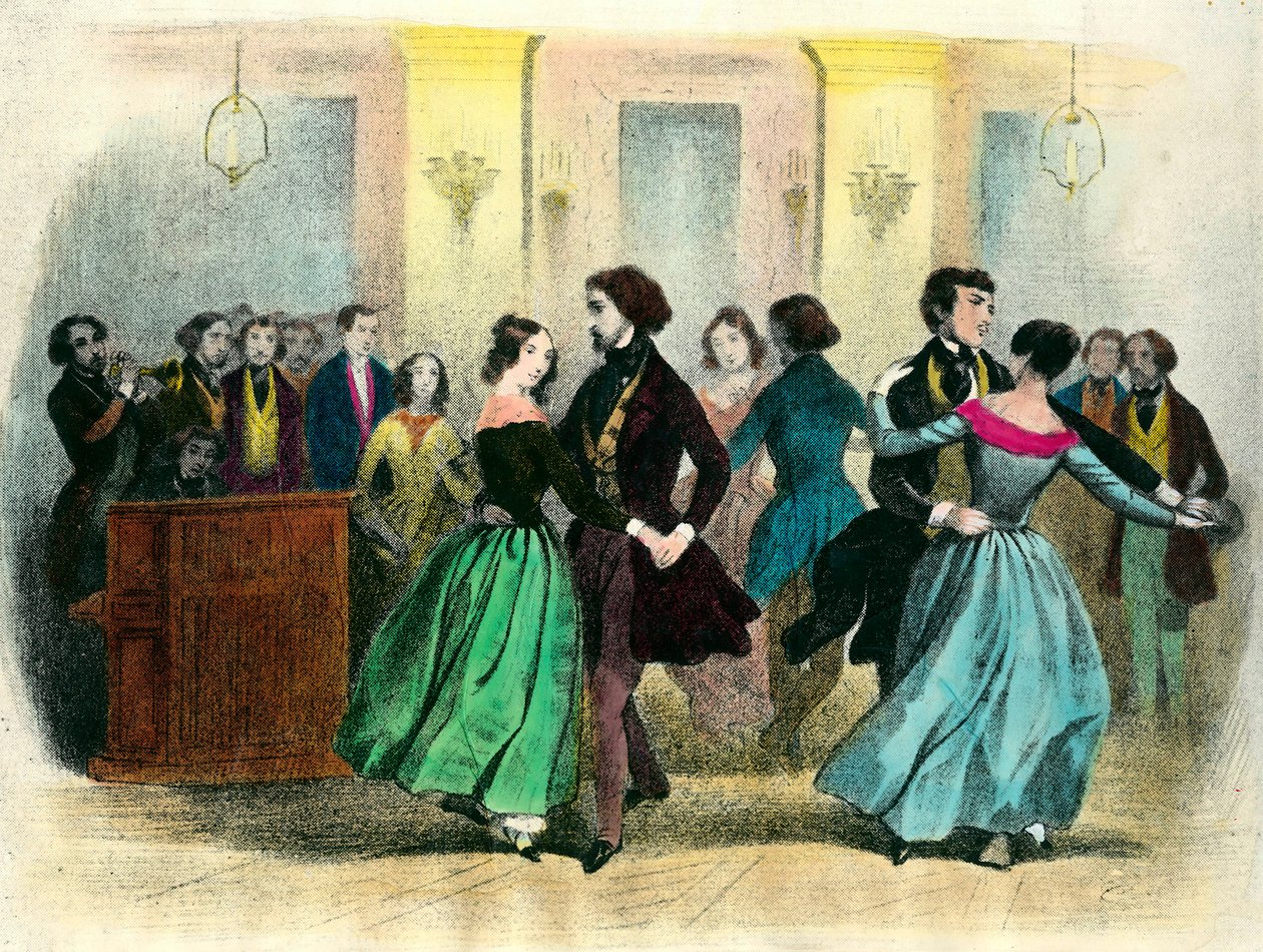 Valsen: en ball i middelklassen. Litografi fra 1800-tallet. av Unknown artist