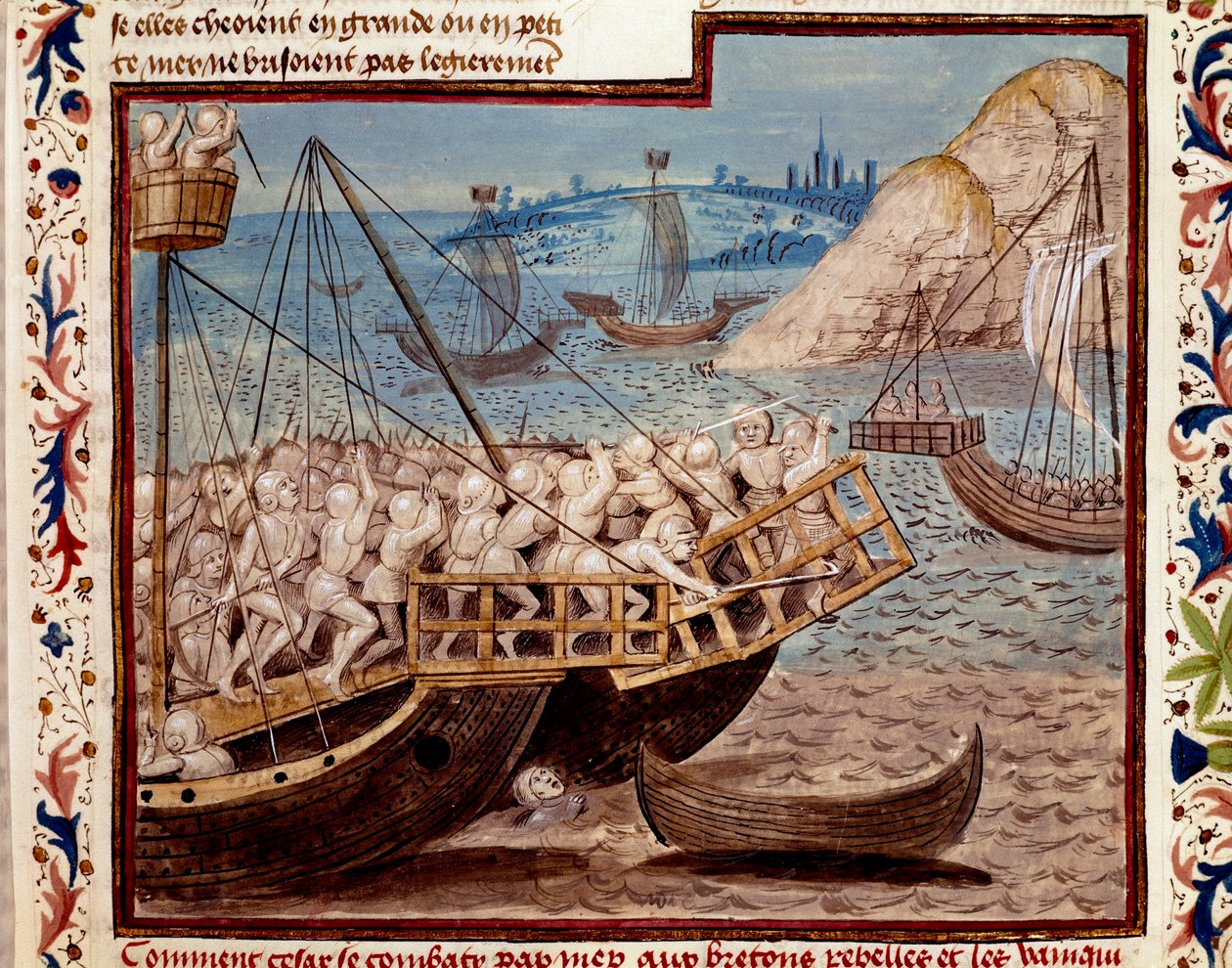 Gallernes krig: "" Barkingen av Jules Cesars tropper og seieren over bretonerne""" Miniatyr hentet fra "" The Facts of the Romans"" (eller Li Fet of the Romans), sammenstilt av Saluste og Suetoine og Lucan. 1480 (ms. 1055, fol. 54 av Unknown artist
