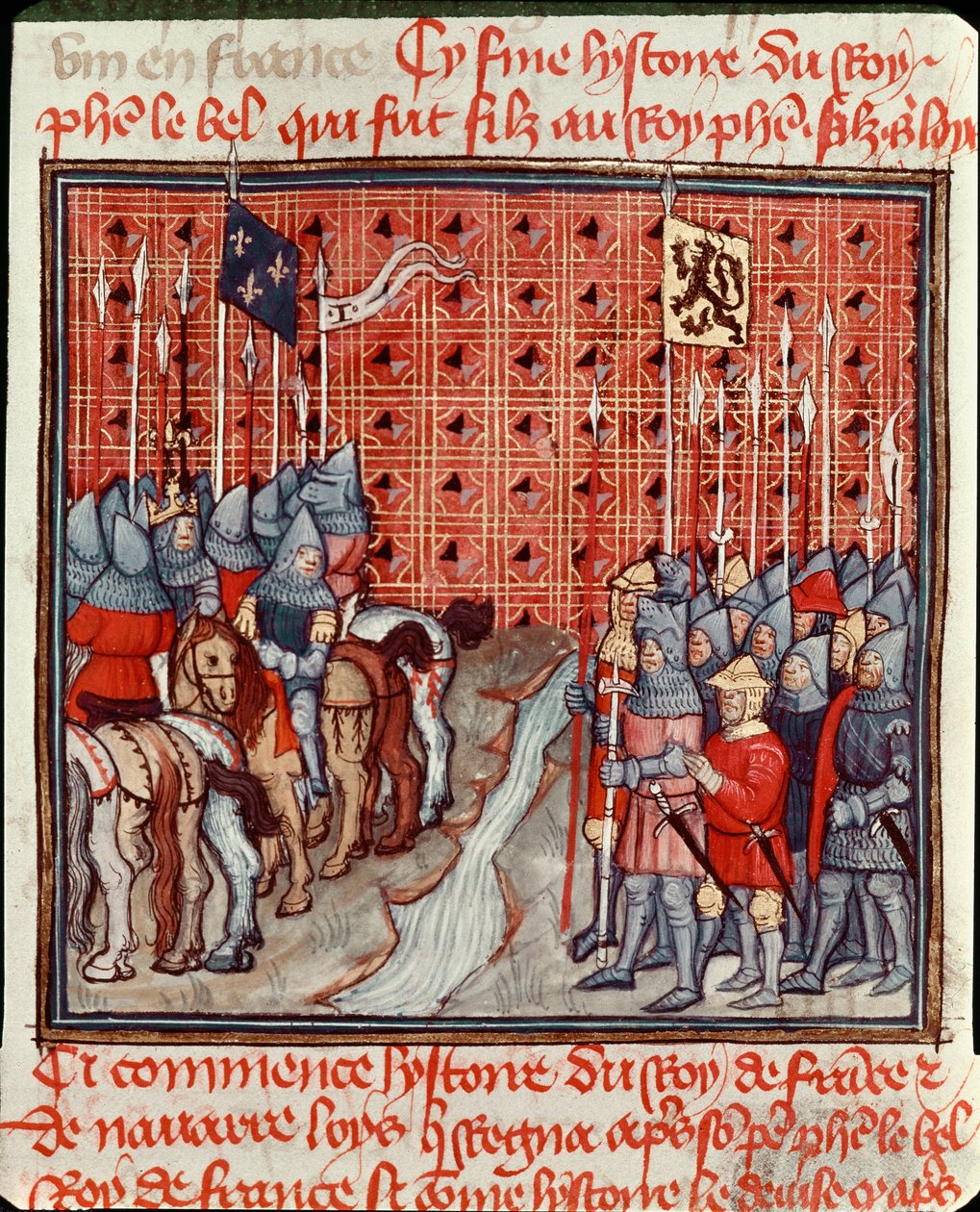 Våpnene til Philip IV the Bel (1268-1314) på bredden av en elv møter en fiendtlig miniatyrhær fra "" Les grandes chronicles de France"" Chantilly fra 1300-tallet, Musee Conde av Unknown artist