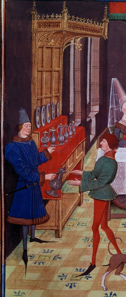 Bryllupsbanketten til Clarisse, datter av kong Yvon av Gascogne og Renaud Detail som representerer tjenerne som bringer vin. Miniatyr fra manuskriptet «Renaud de Montauban» eller «Les quatre fils Aymon» av Loyset Liedet (aktiv mellom 1448 og 1478). Ms. av Unknown artist