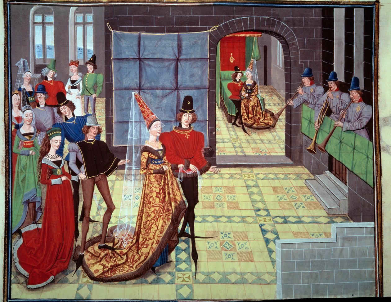Bryllupet til Renaud og Clarisse, i bakgrunnen på bryllupsnatten. Miniatyr fra manuskriptet «Renaud de Montauban» eller «Les quatre fils Aymon» av Loyset Liedet (aktiv mellom 1448 og 1478). Ms. 5073. Bibliotheque de l