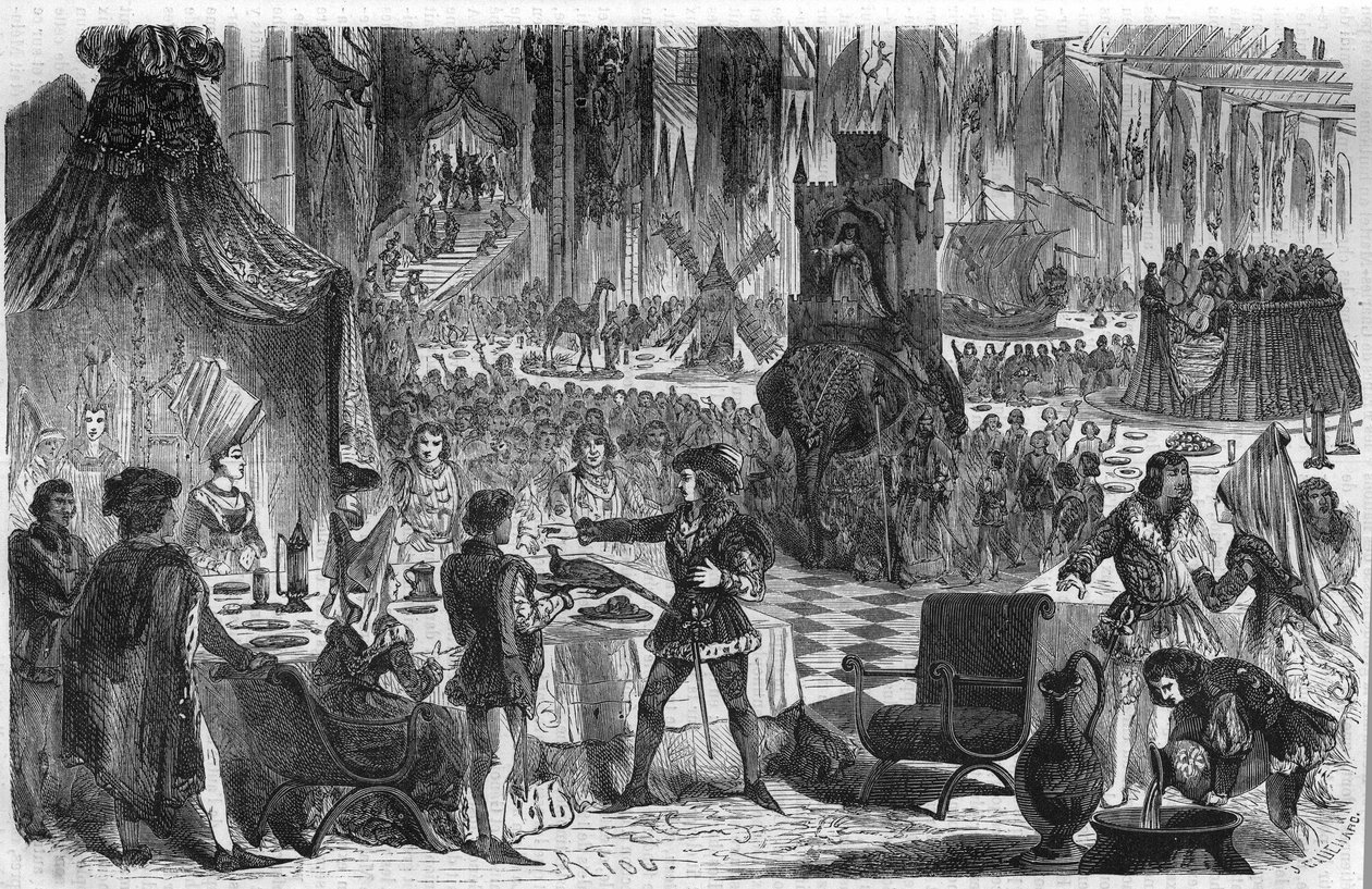 Fasanens ønske. Philip III Le Bon, hertug av Burgund (1396-1467) sluttet seg til keiseren av Konstantinopel 17. februar 1454 for en bankett på hotellet i Salle de Lille. Gravering fra 1800-tallet. av Unknown artist